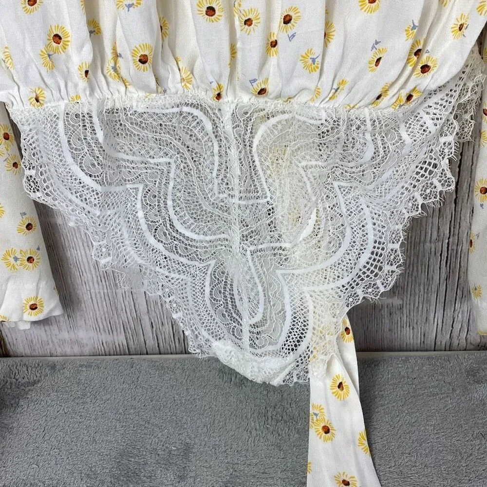 Free People Sunflower Lace Bell Sleeve V-neck Bodysuit Size M D